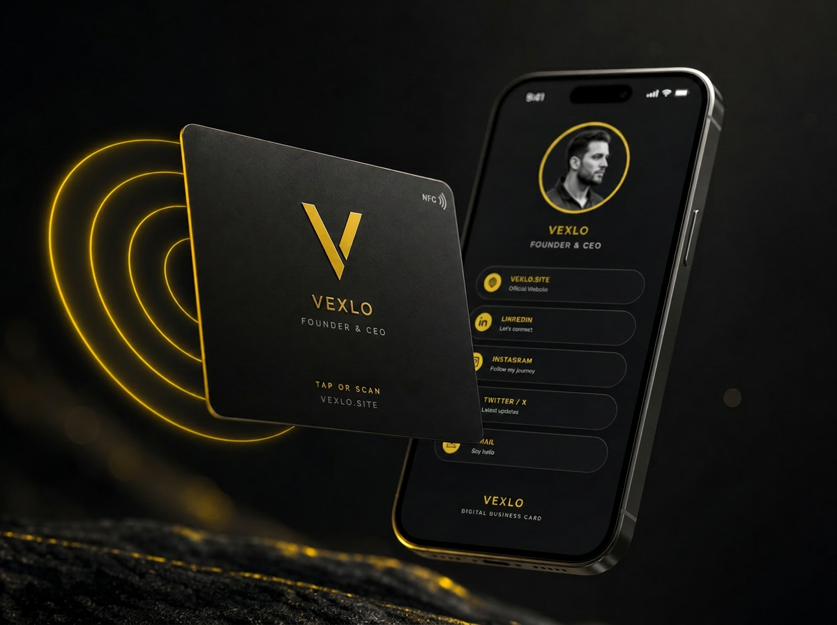 Vexlo NFC card tapping an iPhone with the digital profile open