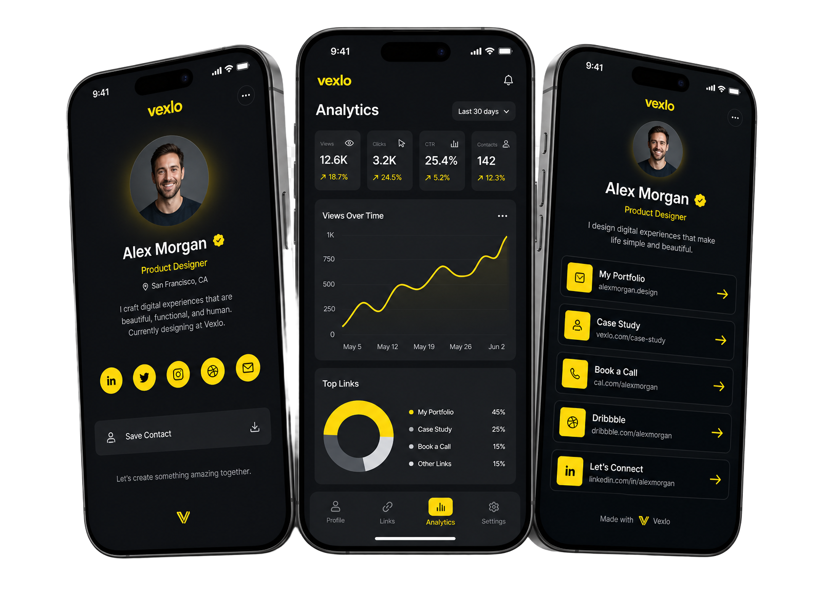 Vexlo profile, analytics and link‑in‑bio screens on three iPhones