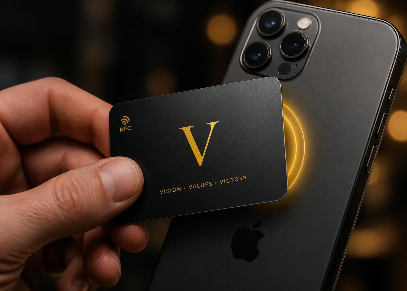 Hand tapping a Vexlo NFC card on an iPhone