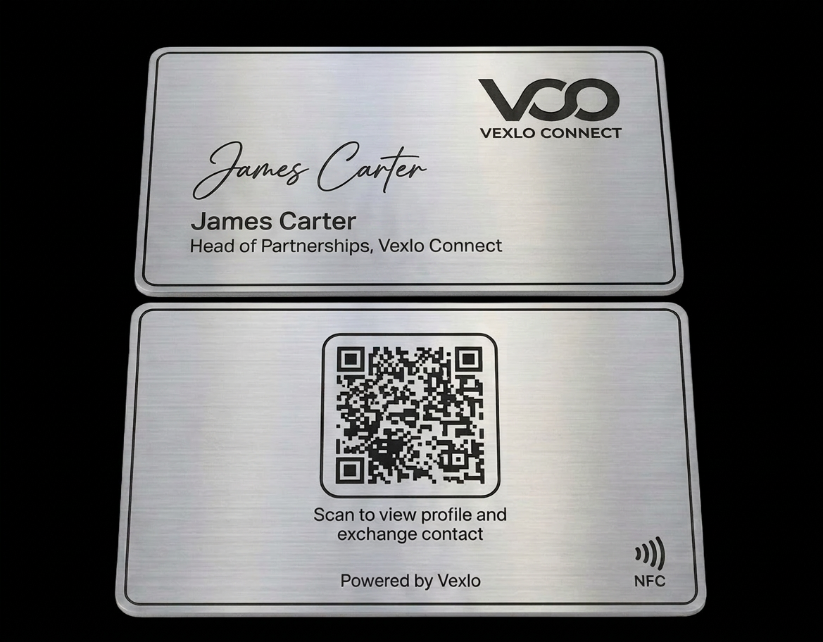 Vexlo Connect premium NFC business card — front and back